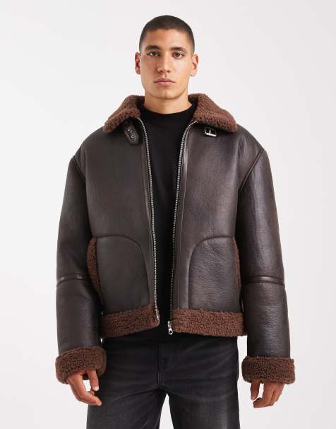 ASOS DESIGN faux leather borg lined aviator jacket in dark brown - view 1