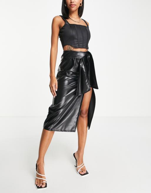 ASOS DESIGN leather look suspender skirt in black