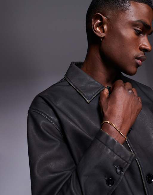 ASOS DESIGN faux leather boxy harrington jacket in black, 2 of 4
