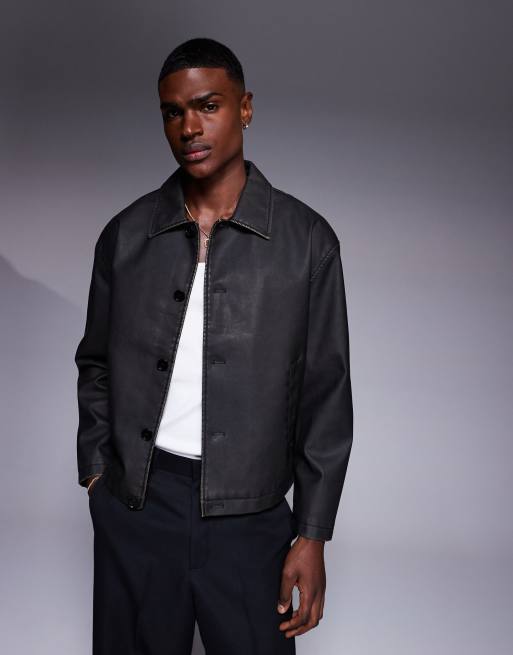 ASOS DESIGN faux leather boxy harrington jacket in black, 3 of 4