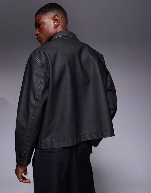 ASOS DESIGN faux leather boxy harrington jacket in black, 4 of 4