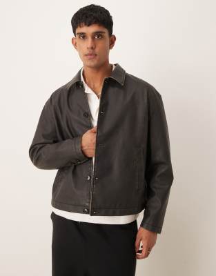 faux leather boxy harrington jacket in washed brown