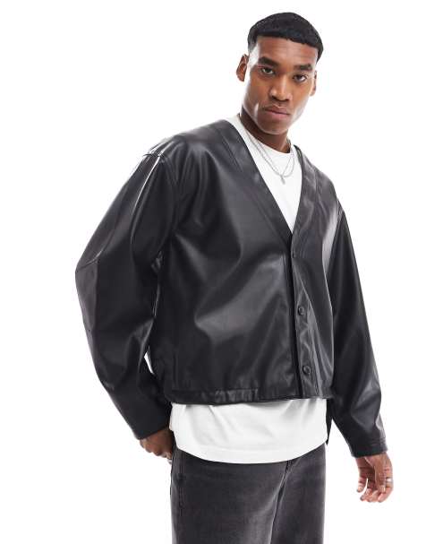 ASOS DESIGN faux leather boxy oversized jacket in black - view 1