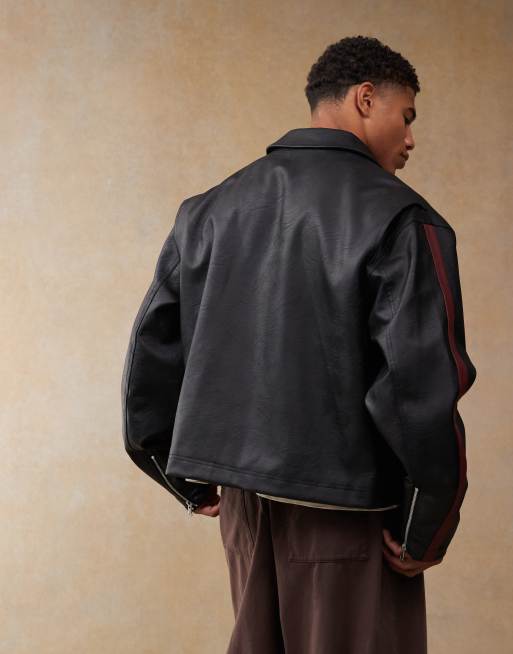 ASOS DESIGN faux leather boxy oversized motocross jacket in black