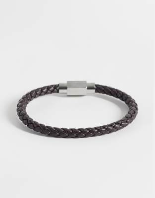 Asos Design Faux Leather Braided Bracelet In Green