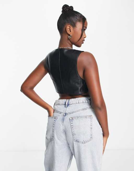 Black Faux Leather Plunge Crop Top