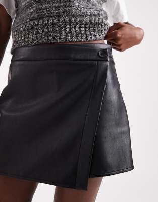 Asos Design Faux Leather Button Detail Wrap Skort In Black