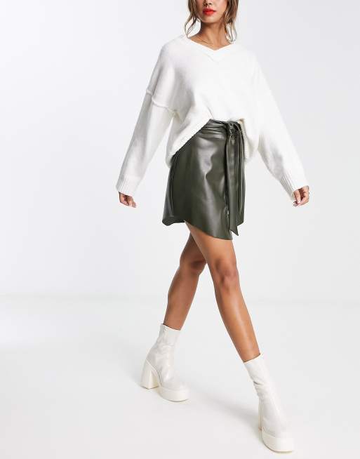 ASOS DESIGN faux leather button through mini skirt with belt in