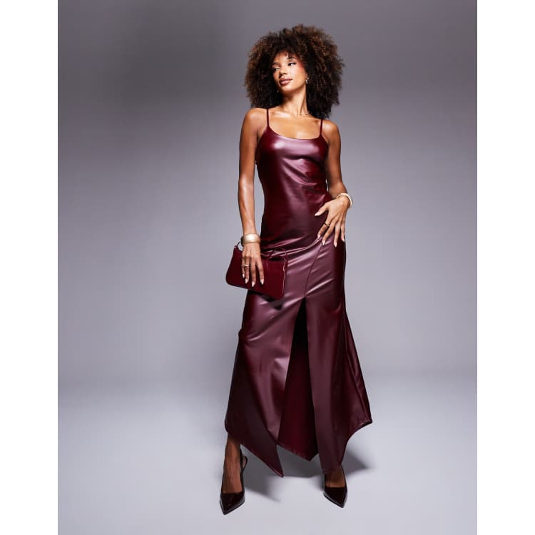 ASOS DESIGN faux leather cami square neck midi dress with asymmetric hem in  wine | ASOS