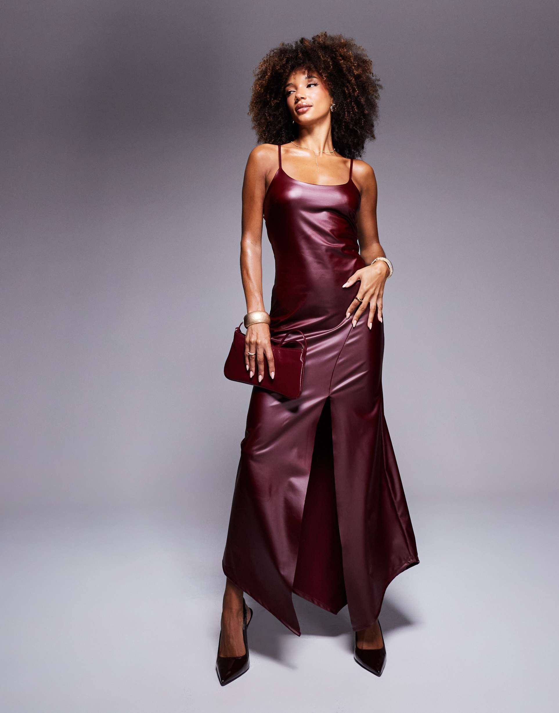 asos design faux leather cami square neck midi dress with asymmetric hem in wine