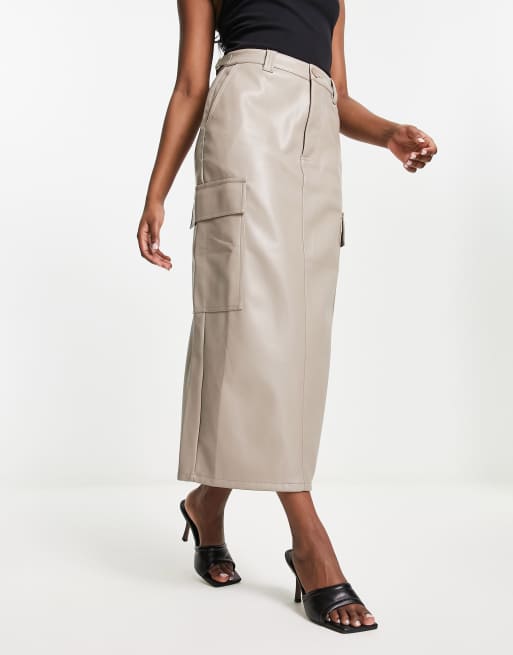 Faux leather shop midi skirt tan