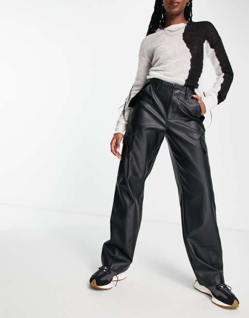 Plus Black Faux Leather Cargo Trousers