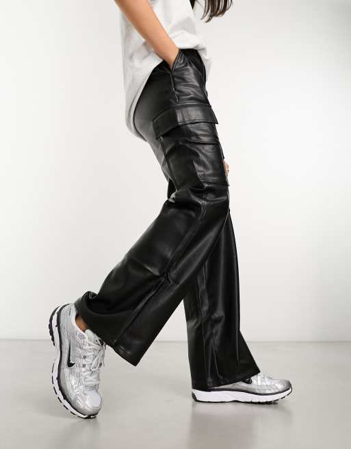 Black Cargo Pants Straight Fit High Rise Faux Leather