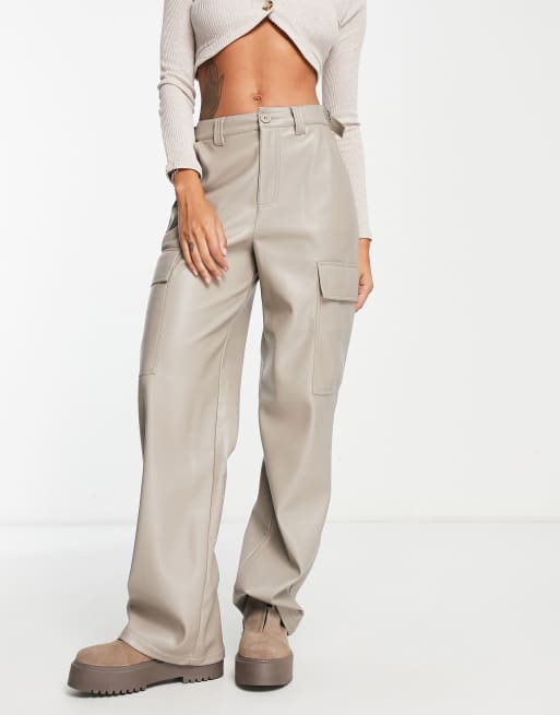 Asos Design Faux Leather Cargo Pants In Muted Mushroom Asos