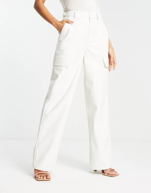 ASOS DESIGN faux leather cargo trousers in white