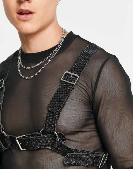 ASOS DESIGN party chest harness in black sequin with silver buckle