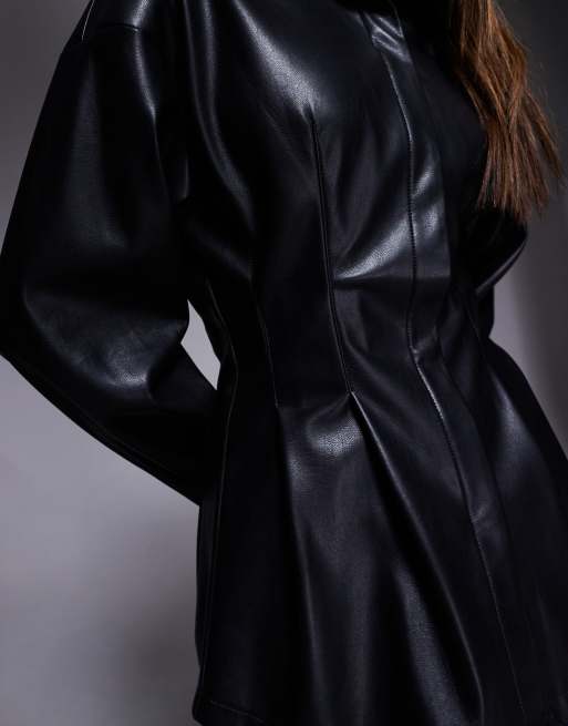 ASOS DESIGN faux leather cinched detail shirt in black