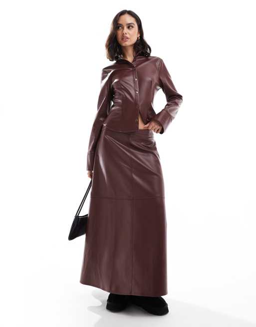 ASOS DESIGN faux leather circle maxi skirt in burgundy