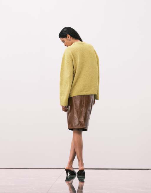 ASOS DESIGN faux leather clean 90s length midi skirt in camel, 2 of 5