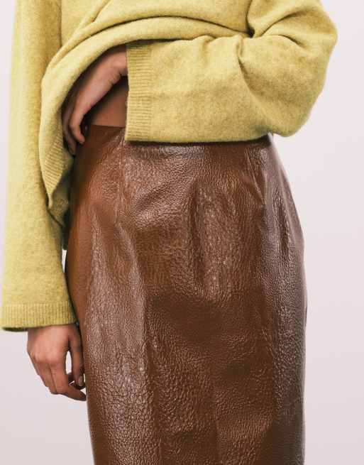 ASOS DESIGN faux leather clean 90s length midi skirt in camel, 3 of 5