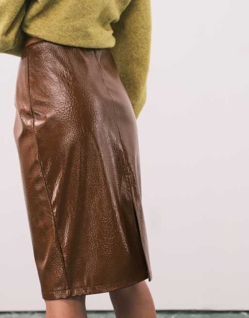 ASOS DESIGN faux leather clean 90s length midi skirt in camel, 5 of 5