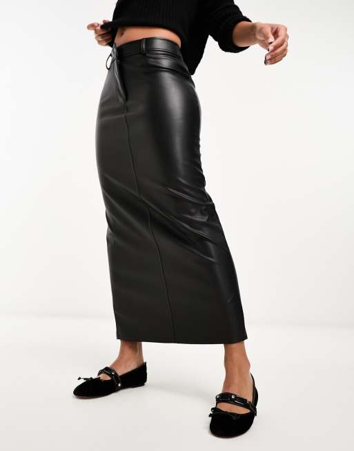 ASOS DESIGN faux leather maxi skirt with front split in black