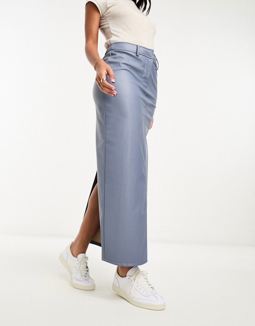 ASOS DESIGN faux leather clean maxi skirt in slate blue-Grey