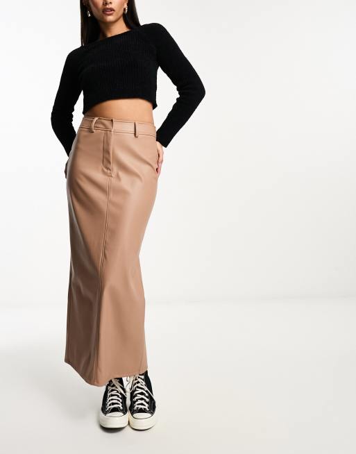 ASOS DESIGN faux leather maxi skirt with front split in black