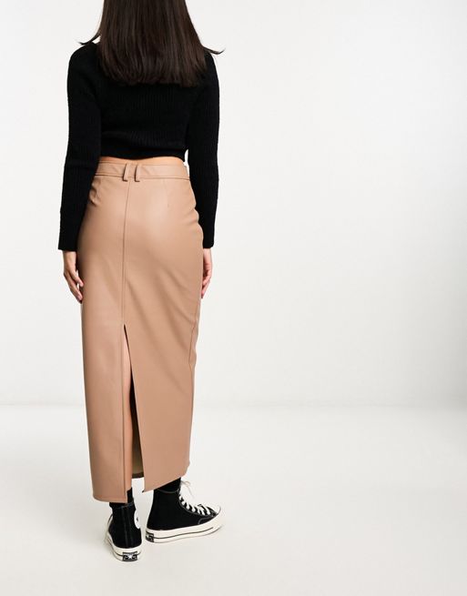 ASOS DESIGN faux leather clean maxi skirt in tan