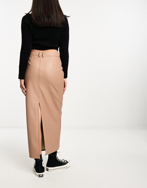 Pull&Bear faux leather split front midi skirt in black