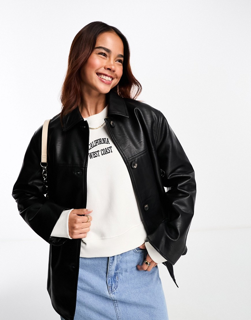 Asos Design Faux Leather Clean Top Collar Jacket In Black
