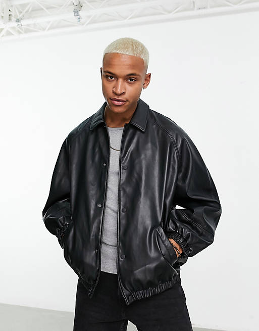 ASOS DESIGN faux leather coach jacket in black