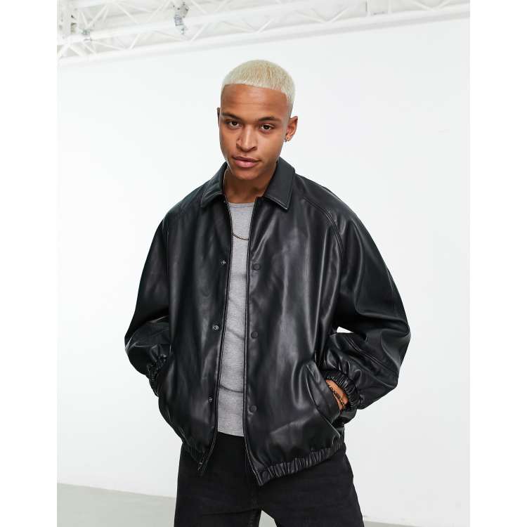 ASOS DESIGN faux leather coach jacket in black