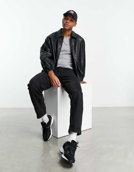 ASOS DESIGN faux leather coach jacket in black , 4 of 4