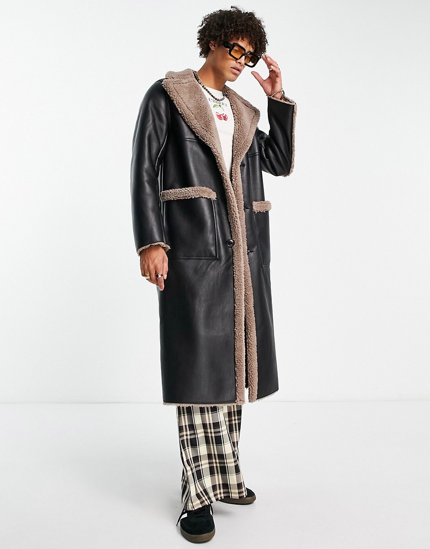 ASOS DESIGN faux leather coat with contrast brown borg trim-Black