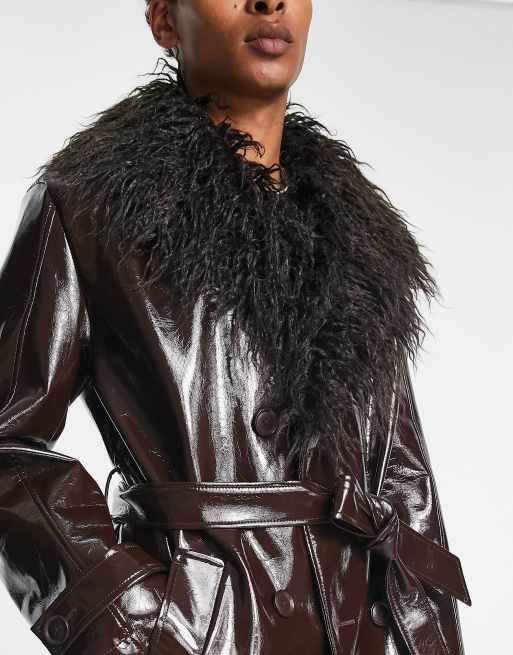 Fur trim leather discount coat