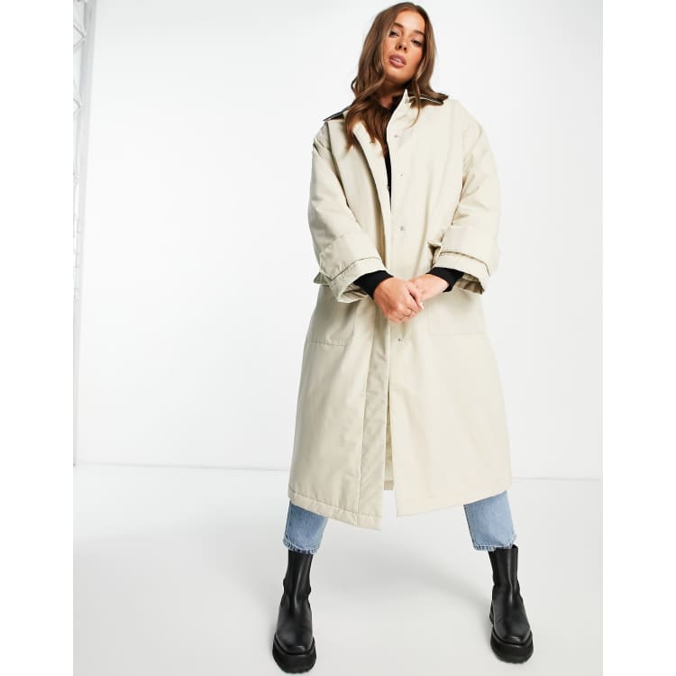 ASOS DESIGN faux leather collared boyfriend trench coat in stone