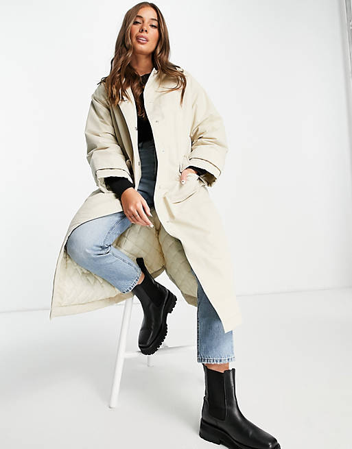  faux leather collared boyfriend trench coat in stone 