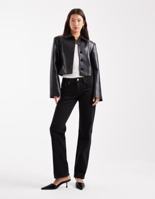 Asos Design Faux Leather Collared Fitted Jacket In Black