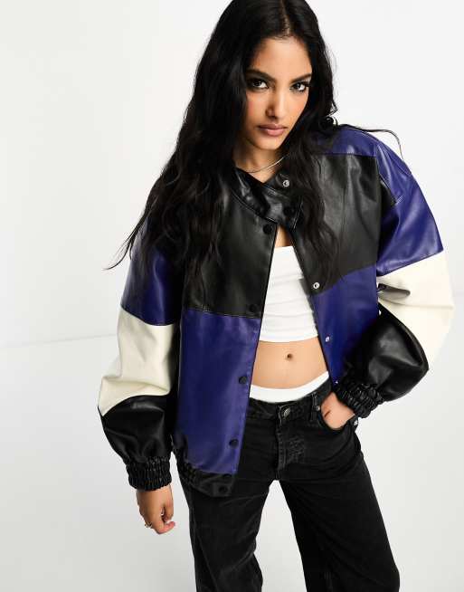 ASOS DESIGN faux leather colour block motorcross bomber jacket in black