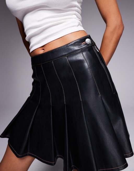 ASOS DESIGN faux leather contrast stitch pleated mini skirt in black, 2 of 5