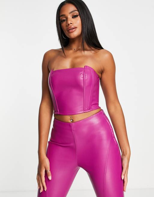 ASOS DESIGN faux leather corset top in berry - part of a set
