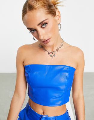 Stretch Faux Leather Tube Top in Sky blue Blue