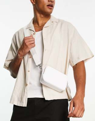 ASOS DESIGN faux leather croc crossbody camera bag in off white