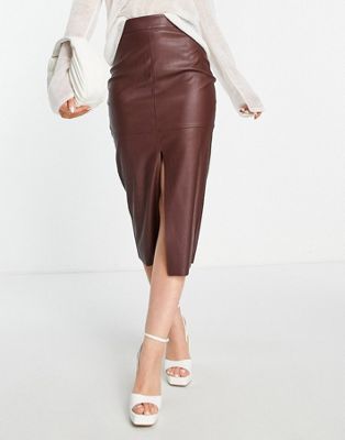 ASOS DESIGN faux leather croc midi skirt in chocolate