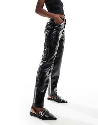 faux leather croc straight leg pants in black