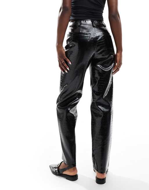 ASOS DESIGN faux leather croc straight leg pants in black