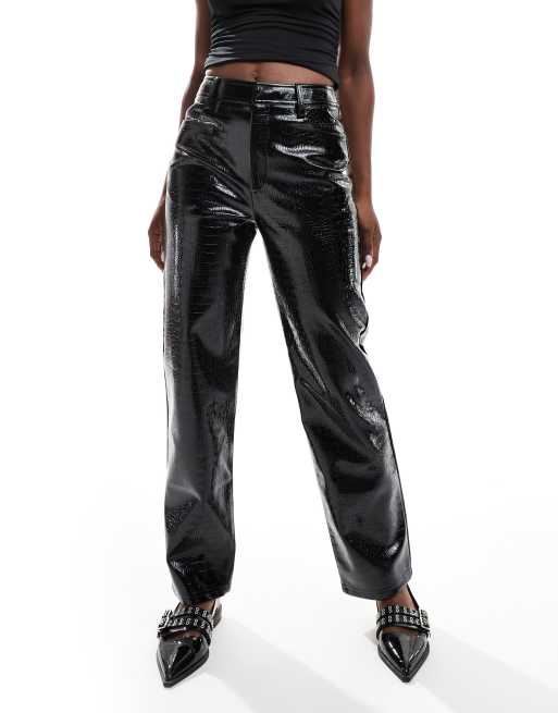 ASOS DESIGN faux leather croc straight leg trouser in black ASOS