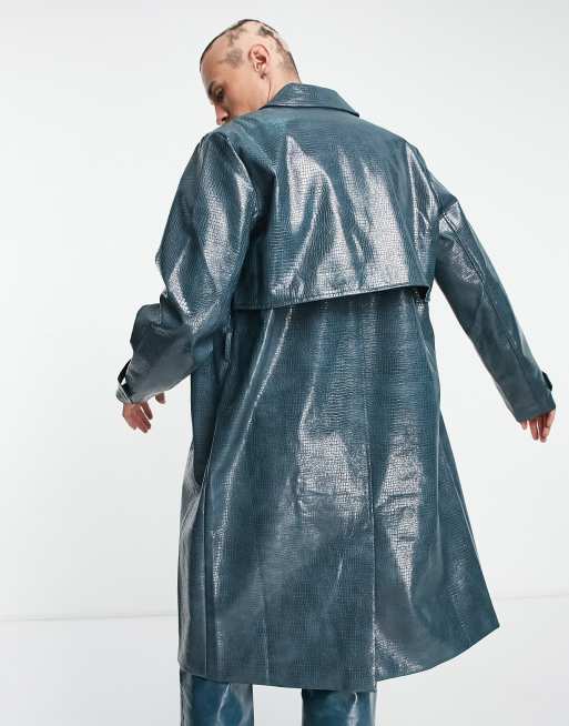 Faux Leather Croc Print Oversized Trench Coat