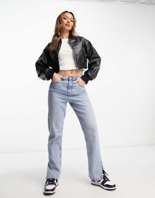 Asos Design Faux Leather Cropped Bomber Jacket In Black In Black